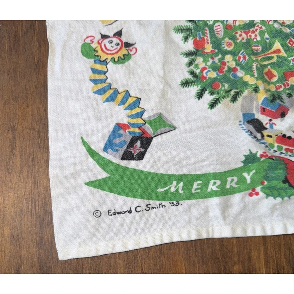 Christmas Tree Linen Tea Towel Train Toys Kitchen Green Red Vintage 1953 Smith